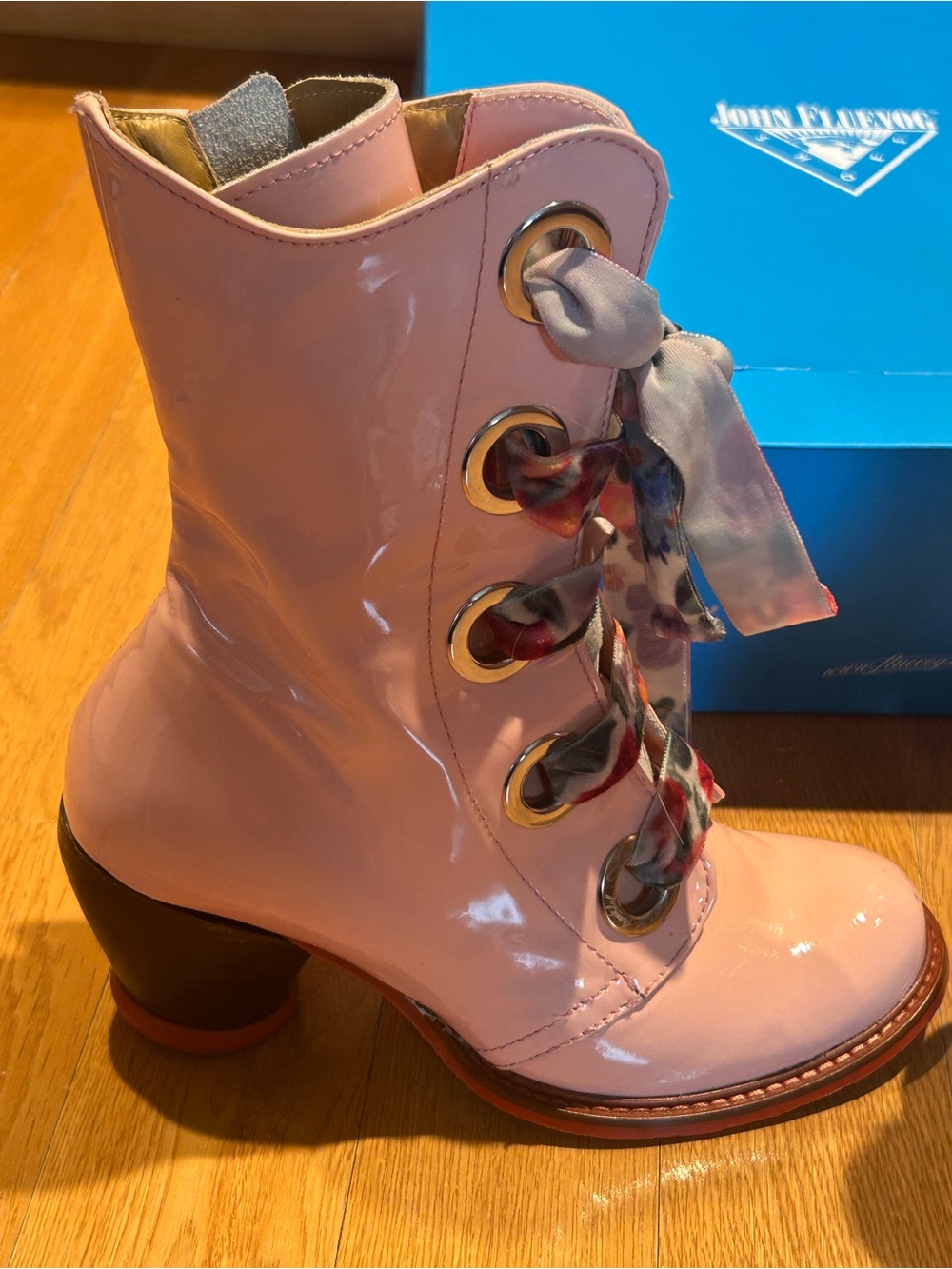 John Fluevog Pink Patent Lace-Up Mid-Heel Ankle Boot